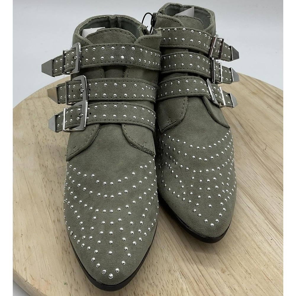 Qupid Ankle Bootie Women 5.5 Olive Green Studded Triple Buckle Western Boot